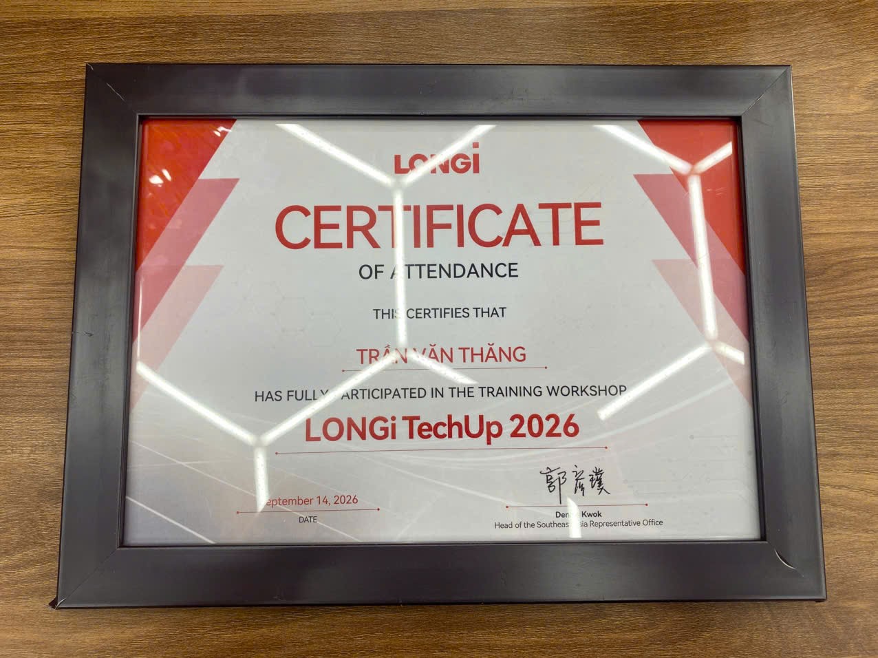 Giấy chứng nhận tham dự LONGi TechUp 2026 của kỹ sư Trần Văn Thăng