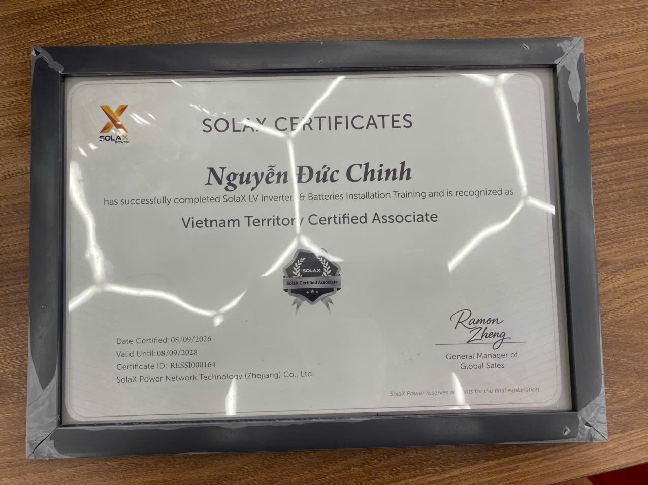 Chứng nhận SolaX Certified Associate của kỹ sư Nguyễn Đức Chinh, mã RESSI000164