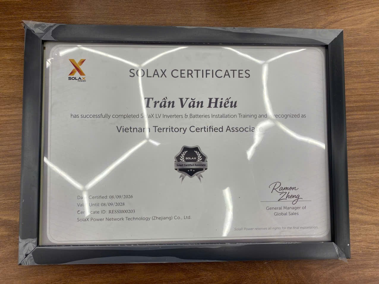 Chứng nhận SolaX Certified Associate của kỹ sư Trần Văn Hiếu, mã RESSI000203