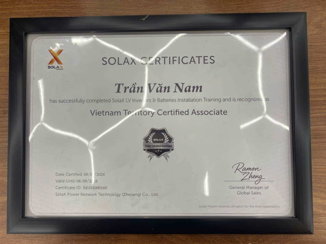 Chứng nhận SolaX Certified Associate của kỹ sư Trần Văn Nam, mã RESSI000160