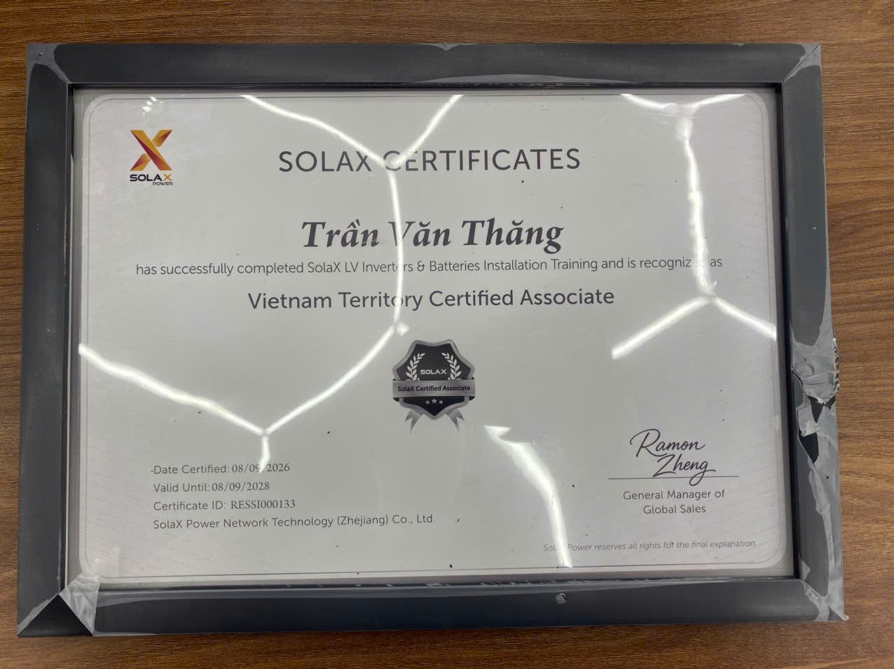 Chứng nhận SolaX Certified Associate của kỹ sư Trần Văn Thăng, mã RESSI000133
