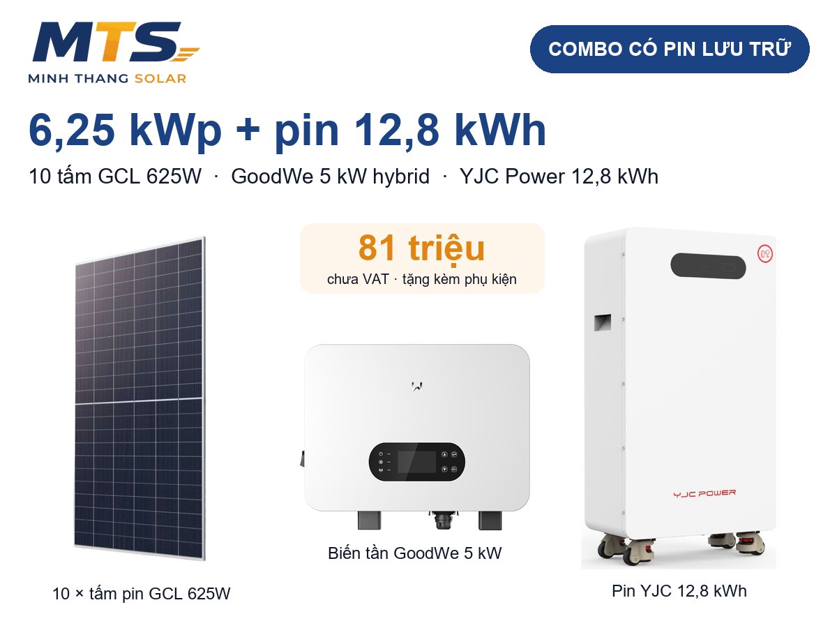 Combo điện mặt trời 6,25 kWp + pin 12,8 kWh: tấm GCL 625W, biến tần GoodWe 5 kW, pin YJC Power
