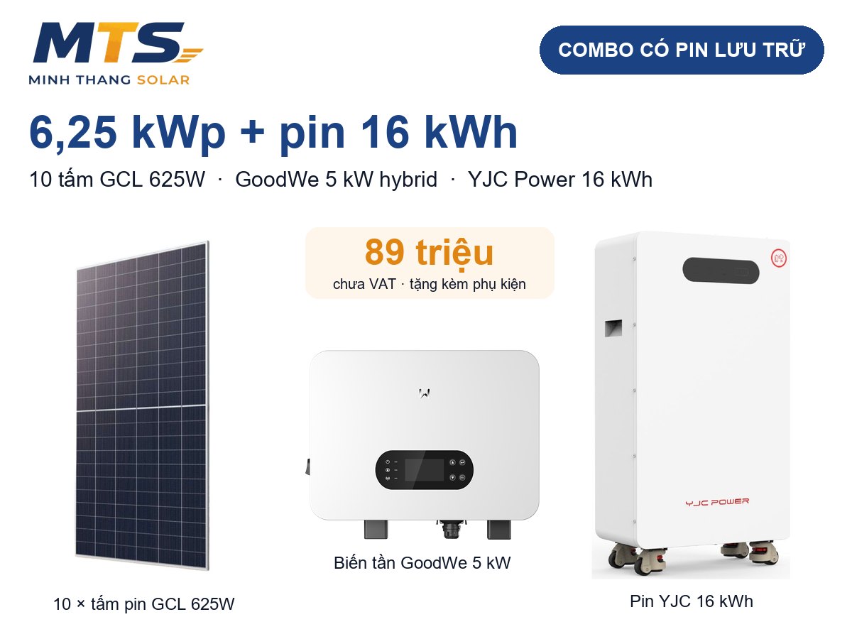 Combo điện mặt trời 6,25 kWp + pin 16,0 kWh: tấm GCL 625W, biến tần GoodWe 5 kW, pin YJC Power
