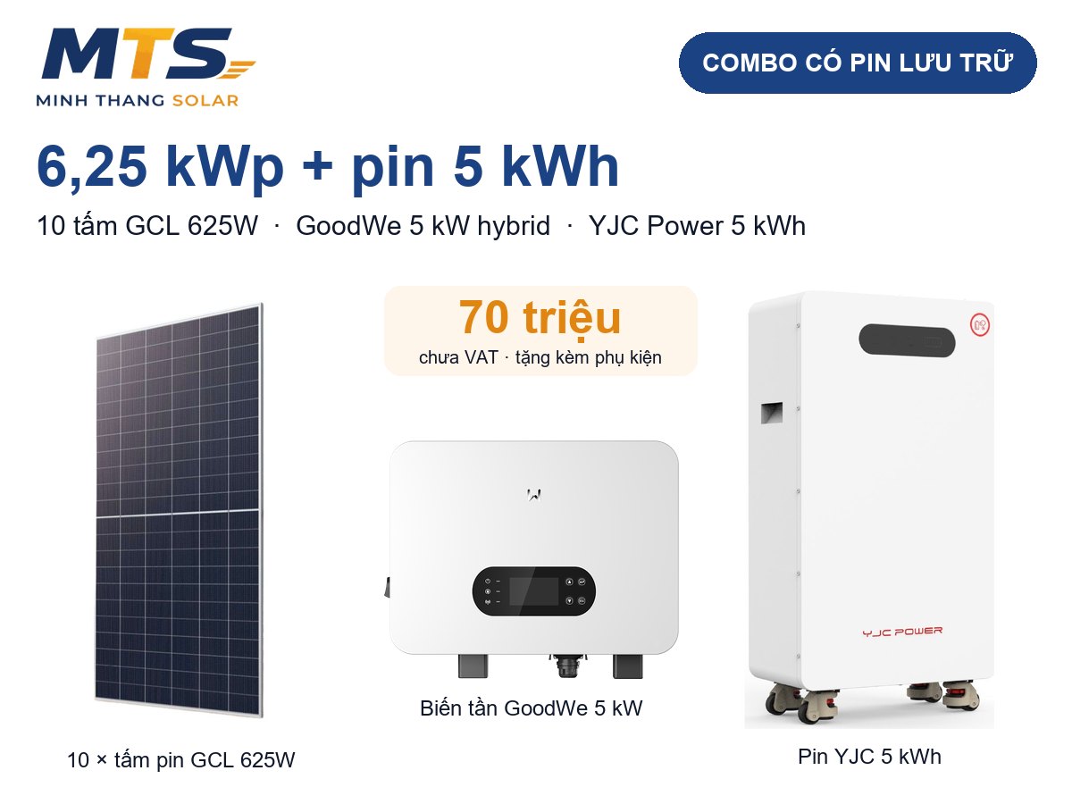 Combo điện mặt trời 6,25 kWp + pin 5,0 kWh: tấm GCL 625W, biến tần GoodWe 5 kW, pin YJC Power